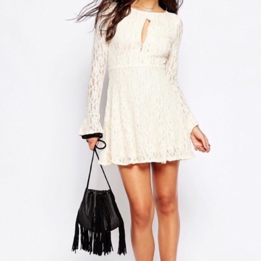 Free People Shearling Corded‎ Lace Fit/Flare Cream Keyhole Front Dress size L